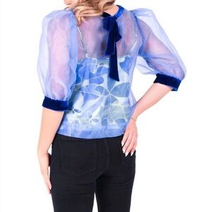 NWOT Emily McCarthy Bella Sheer Organza Blue Floral Print Bow Top